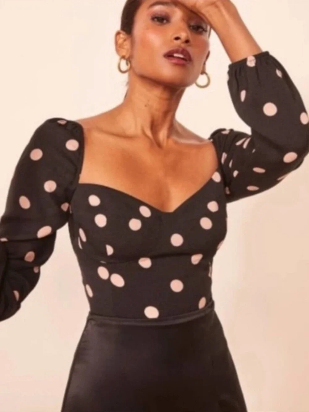 Reformation Black And Pink Polka Dot Smocked Top